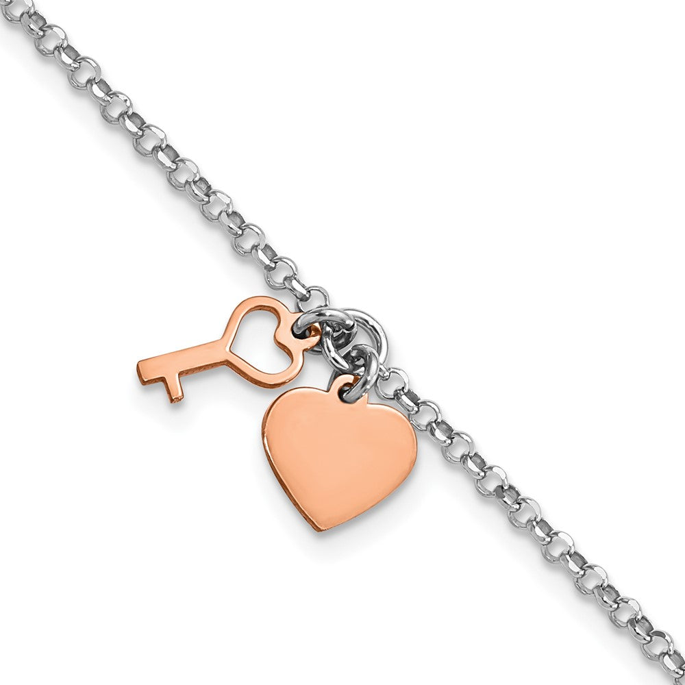 8 Inch Sterling Silver Rhodium Rose-Tone Heart & Key W/1.5In Ext. Bracelet