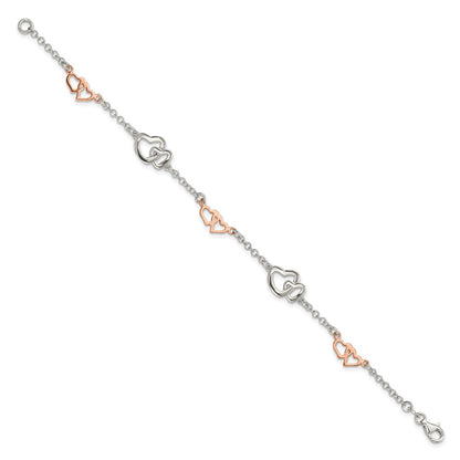 7.5 Inch Sterling Silver Rose Gold-Plated Polished Heart Bracelet