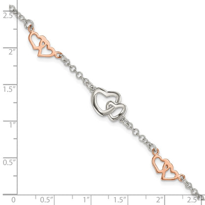 7.5 Inch Sterling Silver Rose Gold-Plated Polished Heart Bracelet