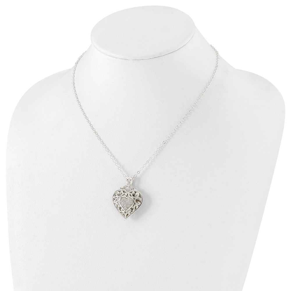 Sterling Silver Rhodium-Plated Polished Cz Heart Necklace