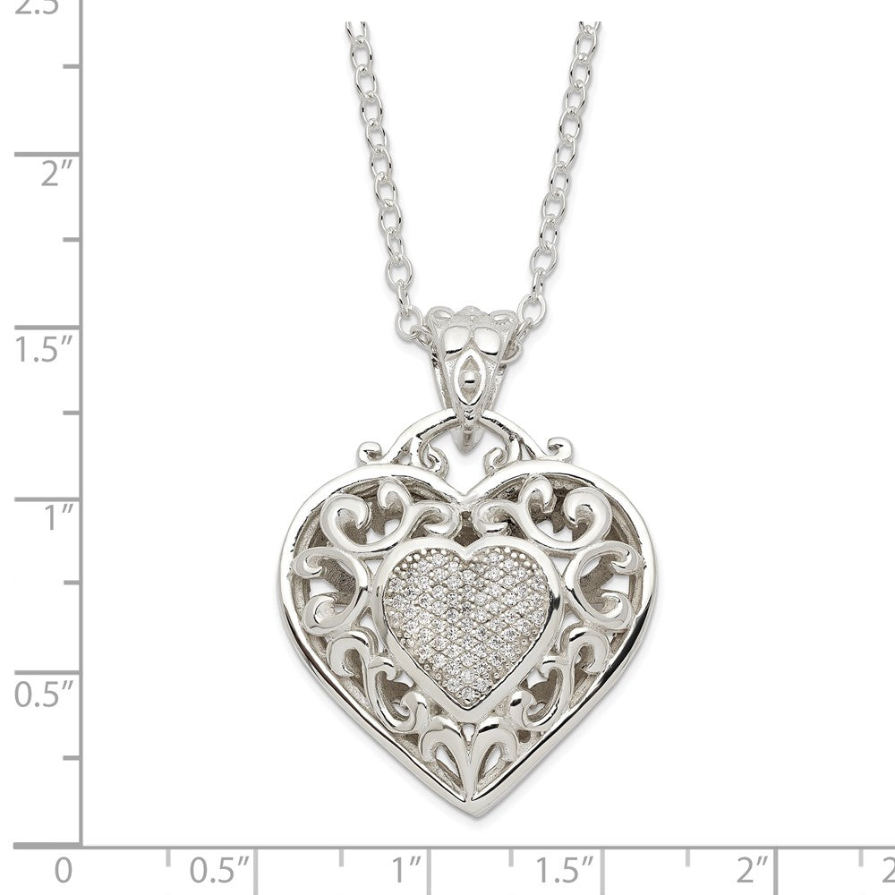Sterling Silver Rhodium-Plated Polished Cz Heart Necklace
