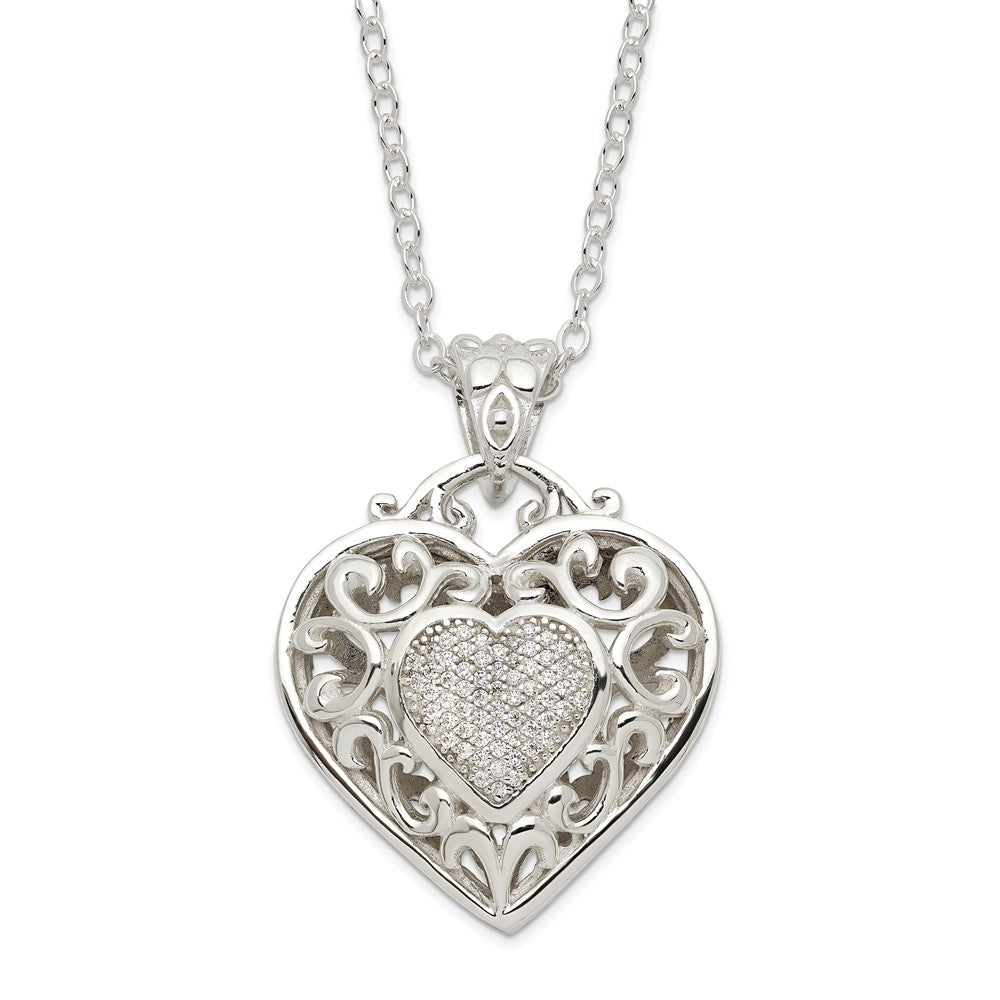 Sterling Silver Rhodium-Plated Polished Cz Heart Necklace
