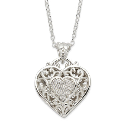 Sterling Silver Rhodium-Plated Polished Cz Heart Necklace