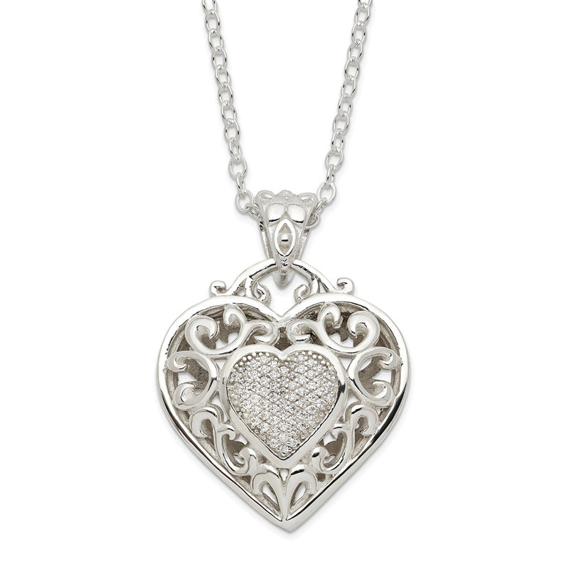 Sterling Silver Rhodium-Plated Polished Cz Heart Necklace