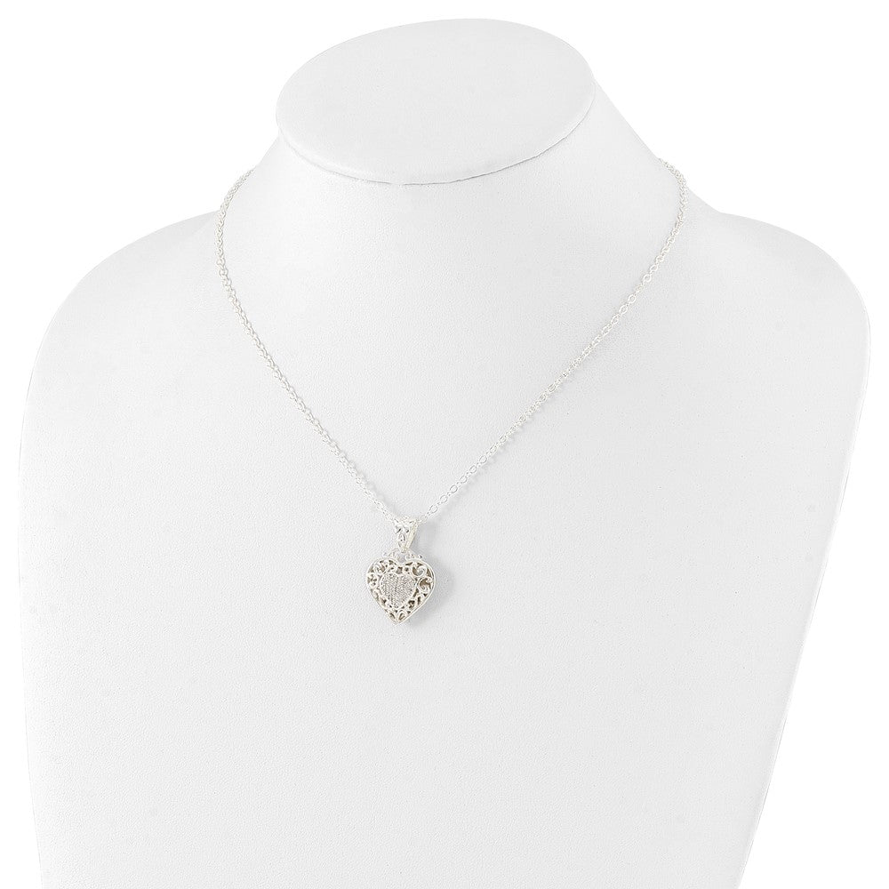Sterling Silver Rhodium-Plated Cz Heart Necklace
