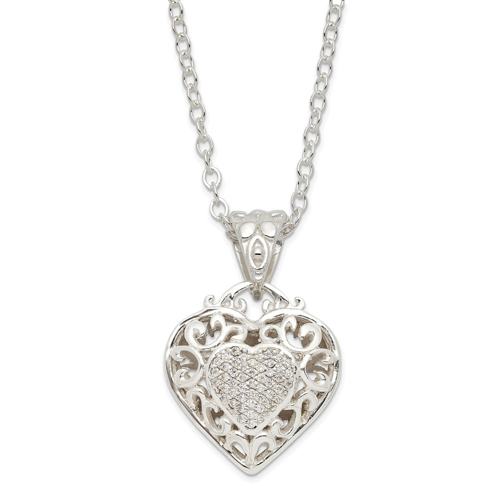 Sterling Silver Rhodium-Plated Cz Heart Necklace