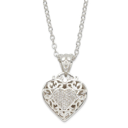 Sterling Silver Rhodium-Plated Cz Heart Necklace
