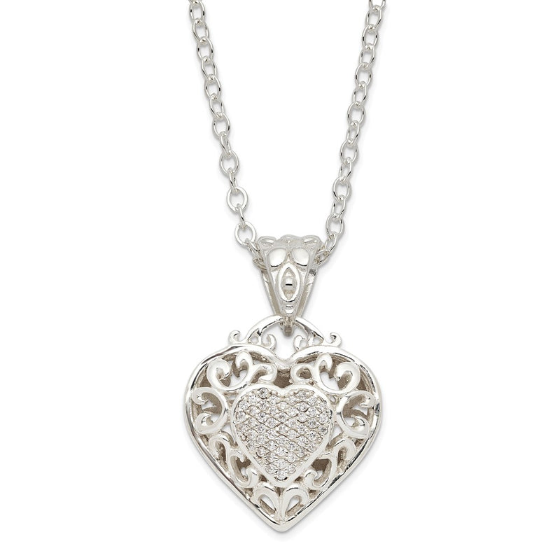 Sterling Silver Rhodium-Plated Cz Heart Necklace
