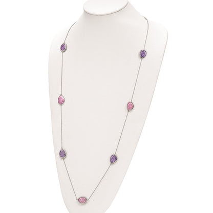Sterling Silver Rhodium-Plated Purple/Pink Ice Cz 9-Station Necklace