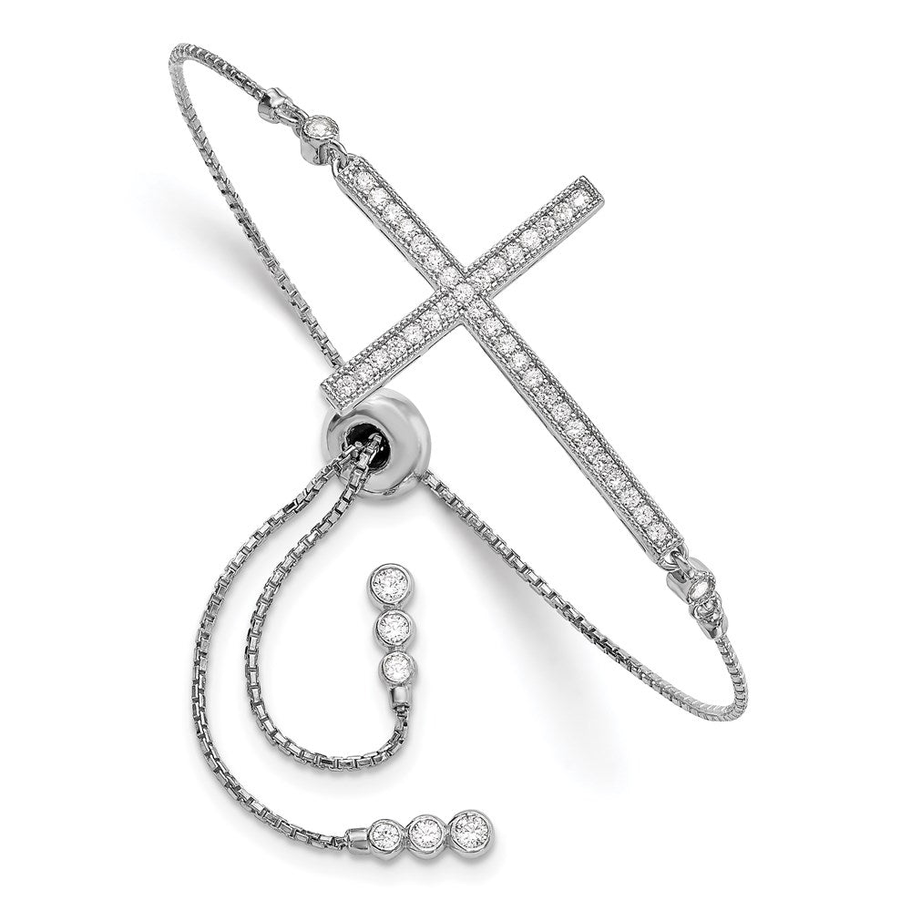 Inch Sterling Silver Rhodium-Plated Cz Polished Adjustable Cross Bracelet