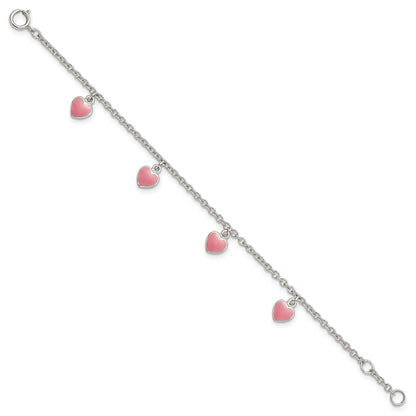 6 Inch Sterling Silver Rhod-Pltd Childs Enamel Hearts 5.5In W/.5In Ext Bracelet