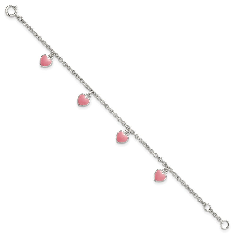 6 Inch Sterling Silver Rhod-Pltd Childs Enamel Hearts 5.5In W/.5In Ext Bracelet