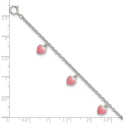 6 Inch Sterling Silver Rhod-Pltd Childs Enamel Hearts 5.5In W/.5In Ext Bracelet