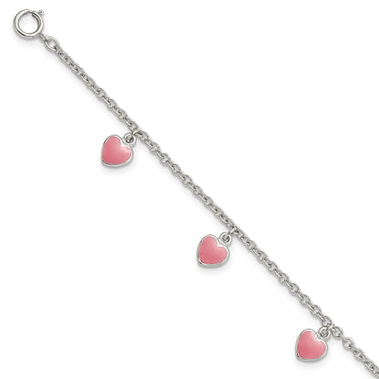 6 Inch Sterling Silver Rhod-Pltd Childs Enamel Hearts 5.5In W/.5In Ext Bracelet
