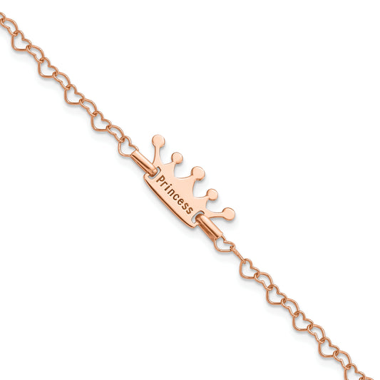 6 Inch Sterling Silver Rose-Tone Princess Crown Heart Link Children'S Bracelet