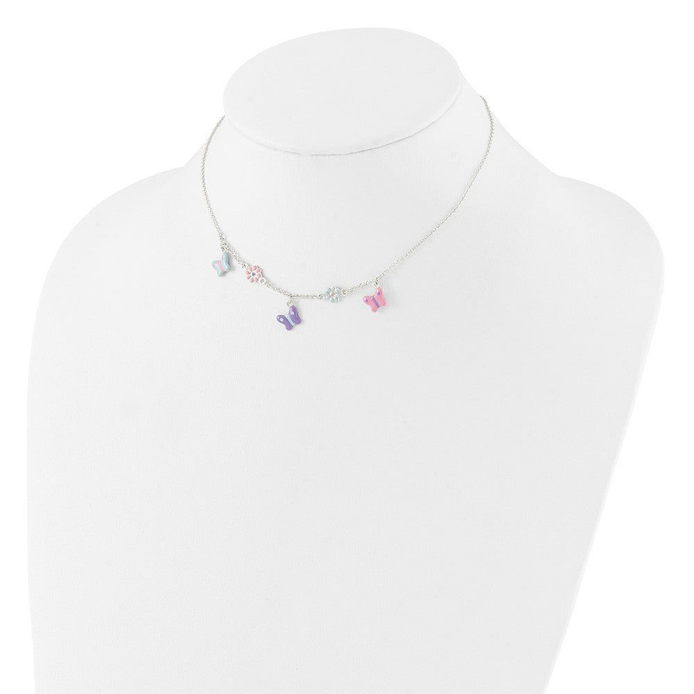 Sterling Silver Polished Enameled Floral & Butterfly Children'S Necklace