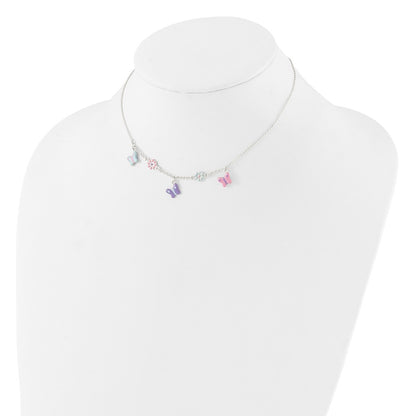 Sterling Silver Polished Enameled Floral & Butterfly Children'S Necklace