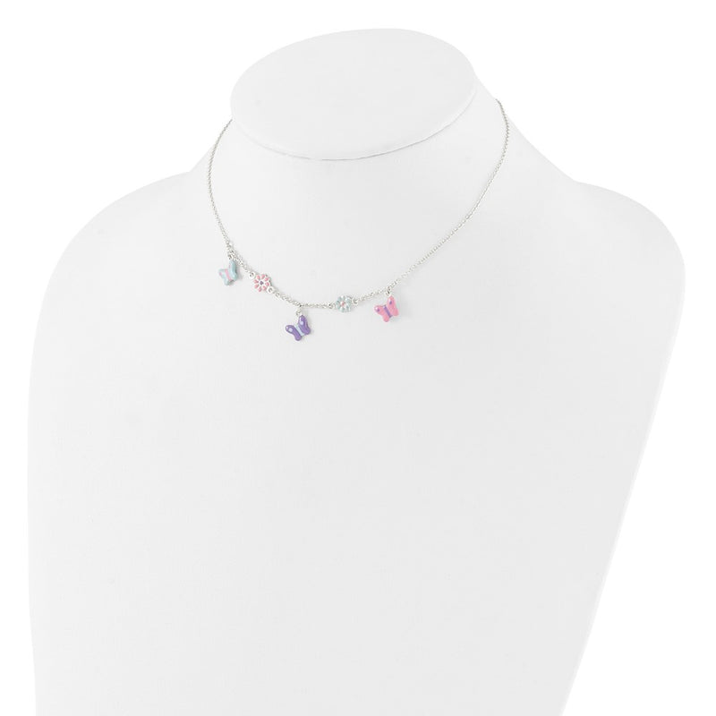 Sterling Silver Polished Enameled Floral & Butterfly Children'S Necklace