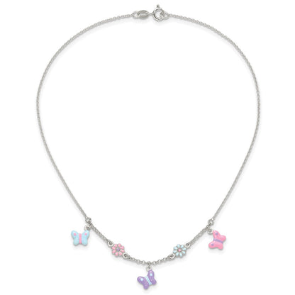 Sterling Silver Polished Enameled Floral & Butterfly Children'S Necklace