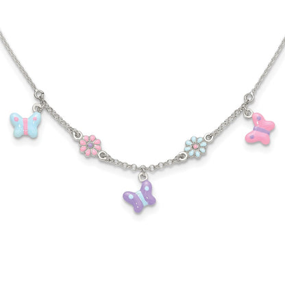 Sterling Silver Polished Enameled Floral & Butterfly Children'S Necklace