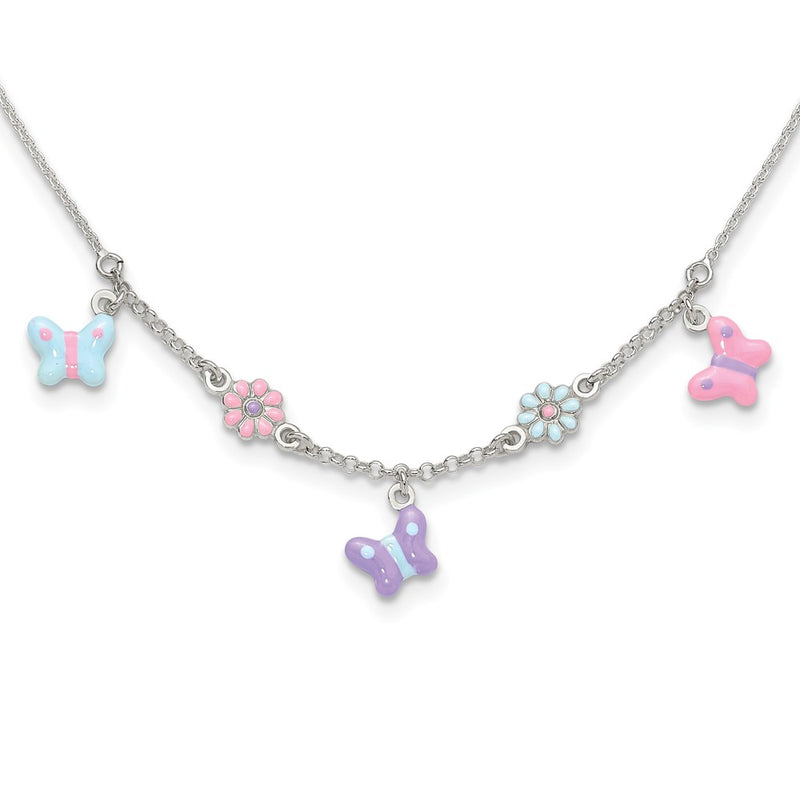 Sterling Silver Polished Enameled Floral & Butterfly Children'S Necklace