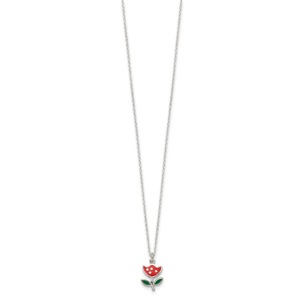 Sterling Silver Polished Red & Green Enameled Flower Children'S Necklace