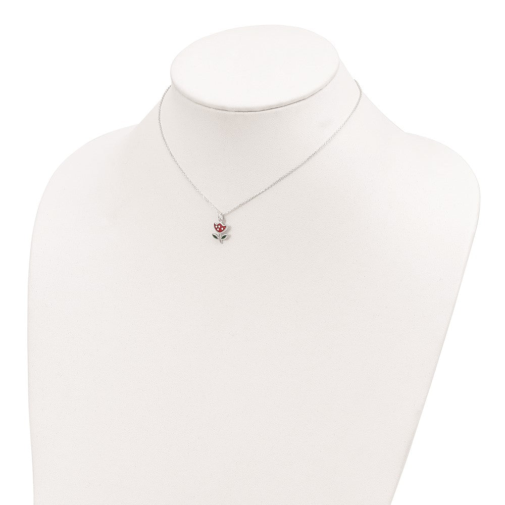 Sterling Silver Polished Red & Green Enameled Flower Children'S Necklace