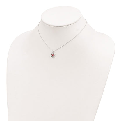 Sterling Silver Polished Red & Green Enameled Flower Children'S Necklace