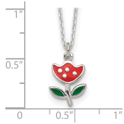 Sterling Silver Polished Red & Green Enameled Flower Children'S Necklace