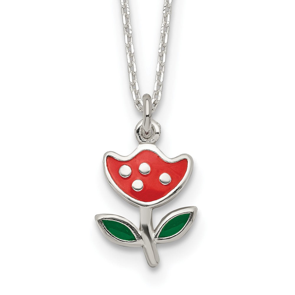 Sterling Silver Polished Red & Green Enameled Flower Children'S Necklace