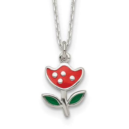 Sterling Silver Polished Red & Green Enameled Flower Children'S Necklace