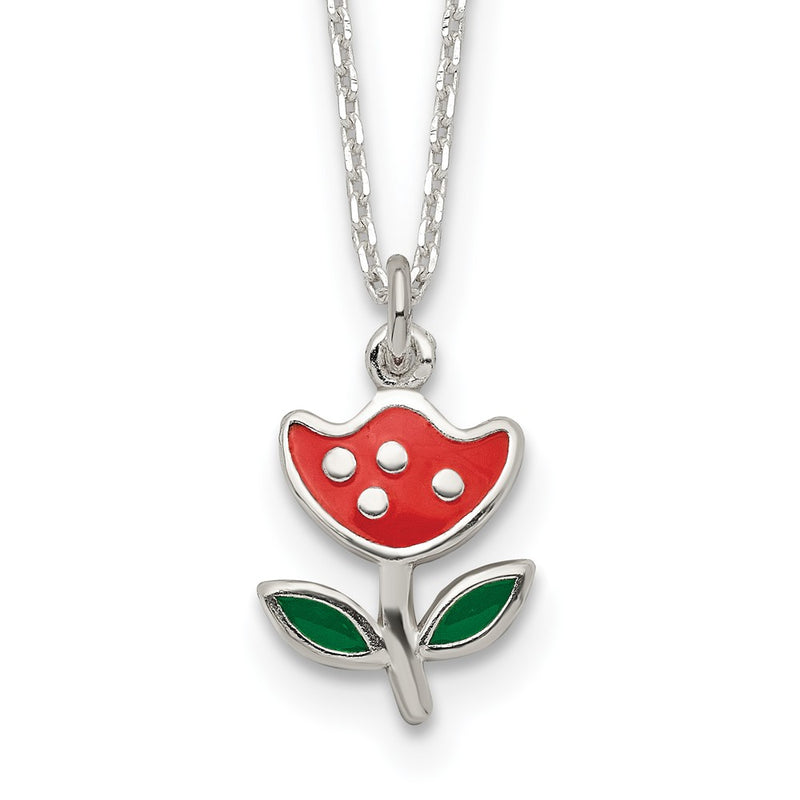 Sterling Silver Polished Red & Green Enameled Flower Children'S Necklace