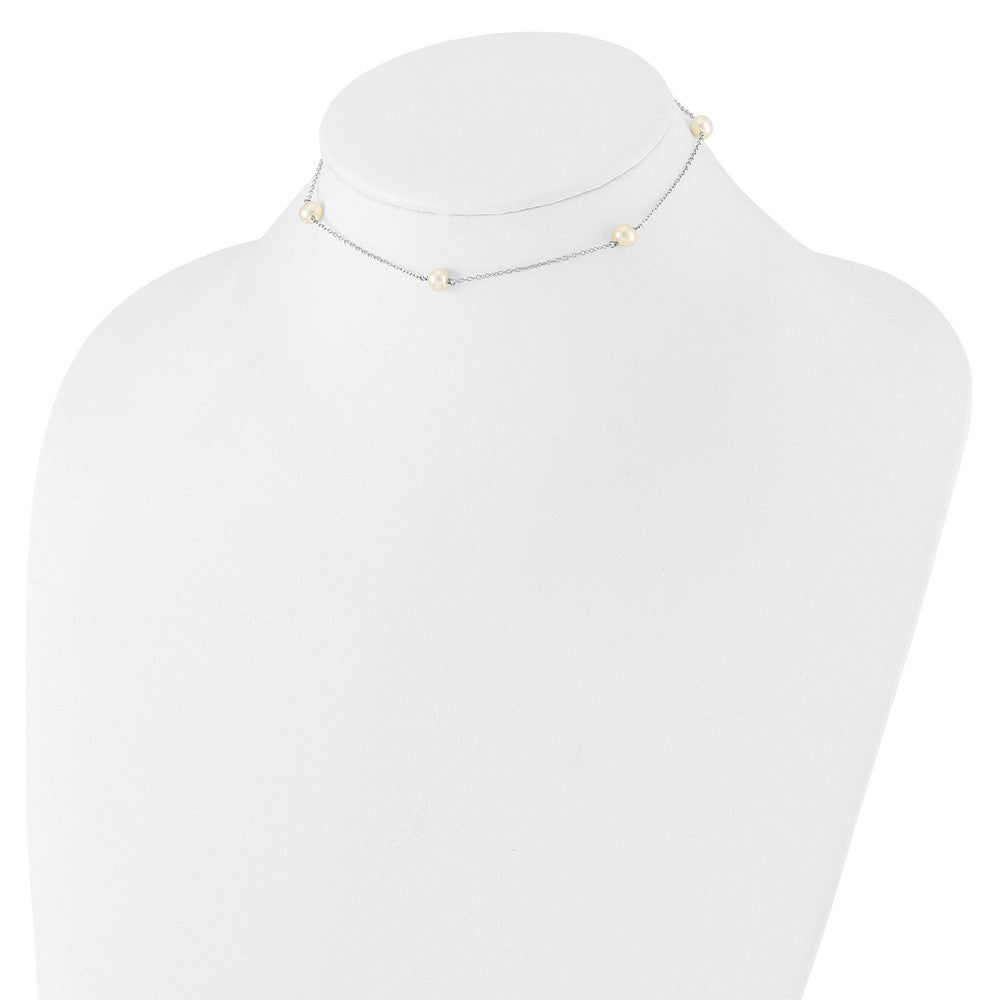 Sterling Silver Rhodium-Plated Polished 5-5.5mm Freshwater Cultured Pearl 5-Station Children'S Necklace
