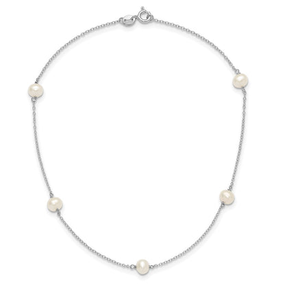 Sterling Silver Rhodium-Plated Polished 5-5.5mm Freshwater Cultured Pearl 5-Station Children'S Necklace