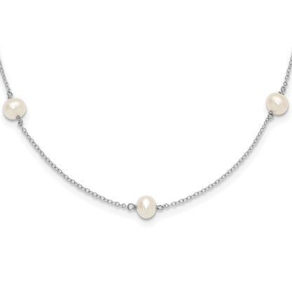 Sterling Silver Rhodium-Plated Polished 5-5.5mm Freshwater Cultured Pearl 5-Station Children'S Necklace