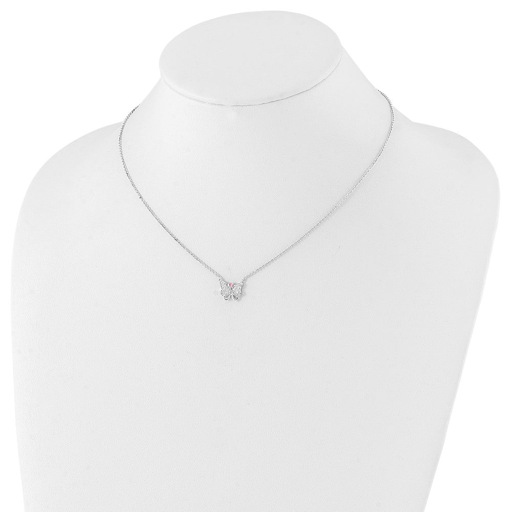 Sterling Silver Rhodium-Plated Pink & Clear Cz Butterfly W/ 1.5In Ext. Necklace