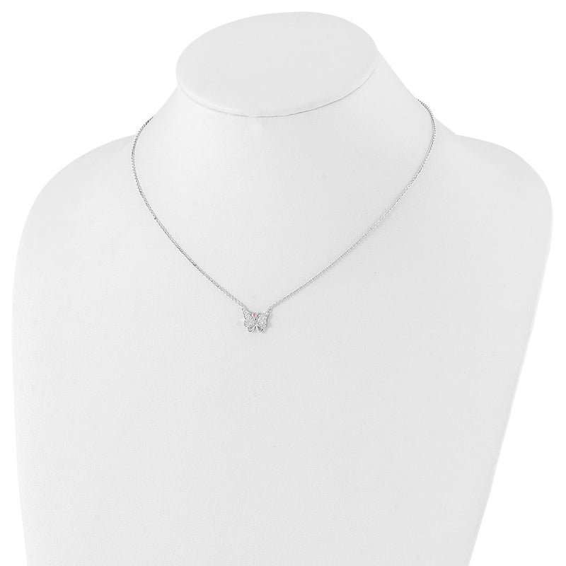 Sterling Silver Rhodium-Plated Pink & Clear Cz Butterfly W/ 1.5In Ext. Necklace