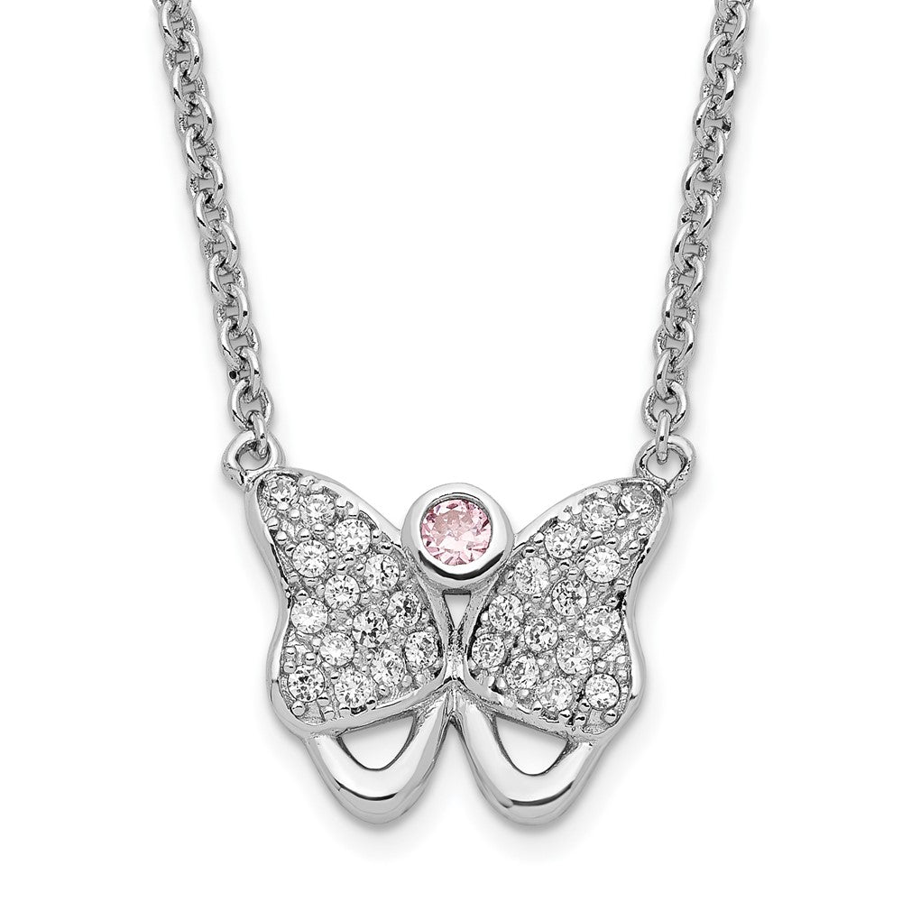Sterling Silver Rhodium-Plated Pink & Clear Cz Butterfly W/ 1.5In Ext. Necklace