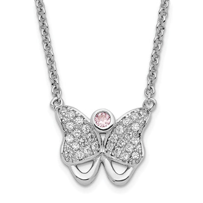 Sterling Silver Rhodium-Plated Pink & Clear Cz Butterfly W/ 1.5In Ext. Necklace