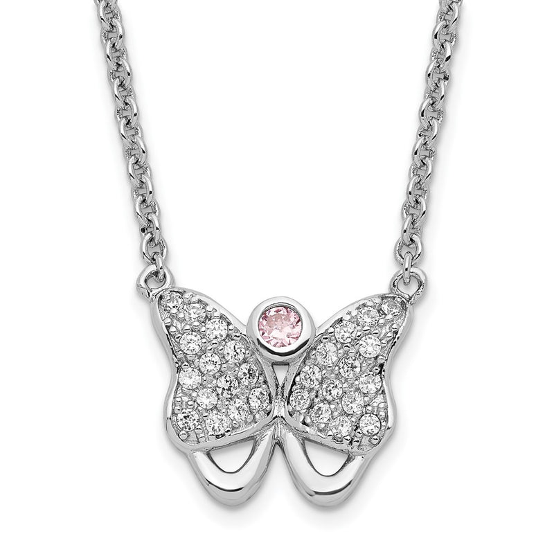 Sterling Silver Rhodium-Plated Pink & Clear Cz Butterfly W/ 1.5In Ext. Necklace