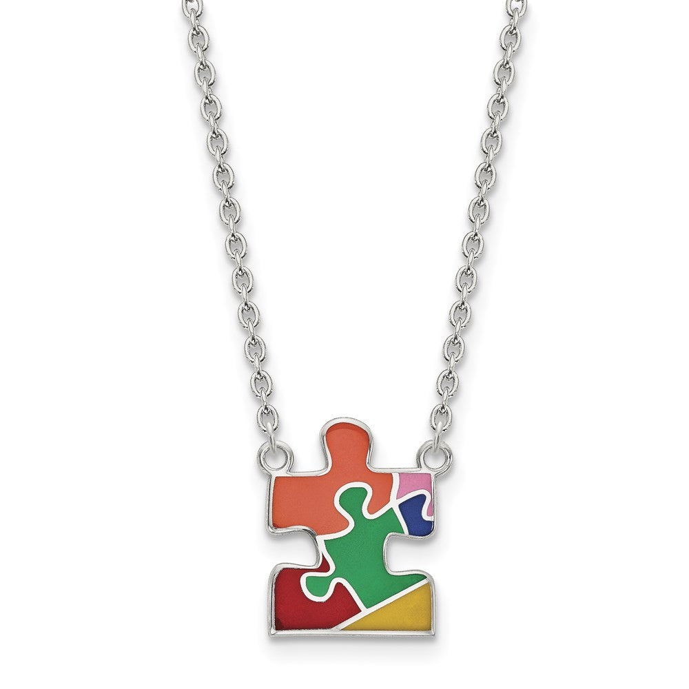Sterling Silver Rhod-Plated Enameled Autism Puzzle Piece Necklace
