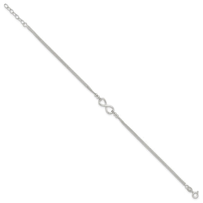 Sterling Silver 2-Strand Beaded Infinity Symbol 9In Plus 1In Ext. Anklet