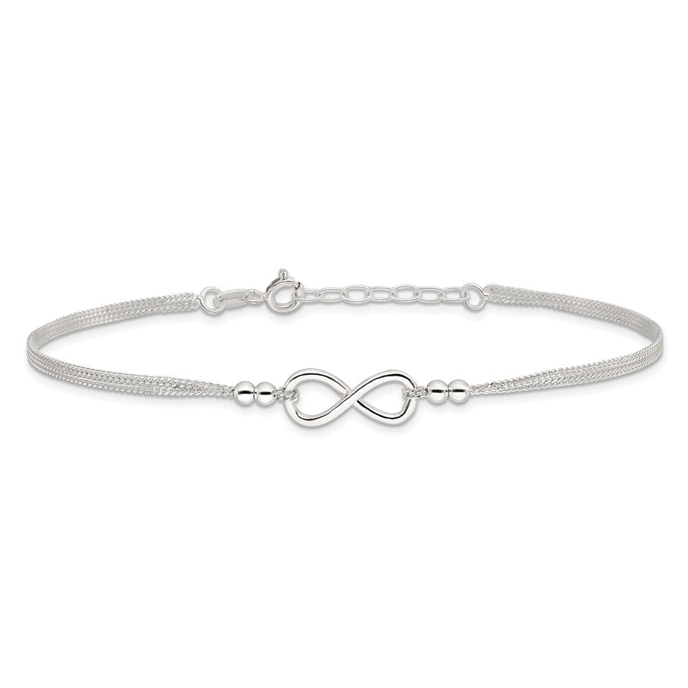 Sterling Silver 2-Strand Beaded Infinity Symbol 9In Plus 1In Ext. Anklet
