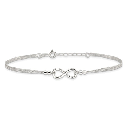 Sterling Silver 2-Strand Beaded Infinity Symbol 9In Plus 1In Ext. Anklet