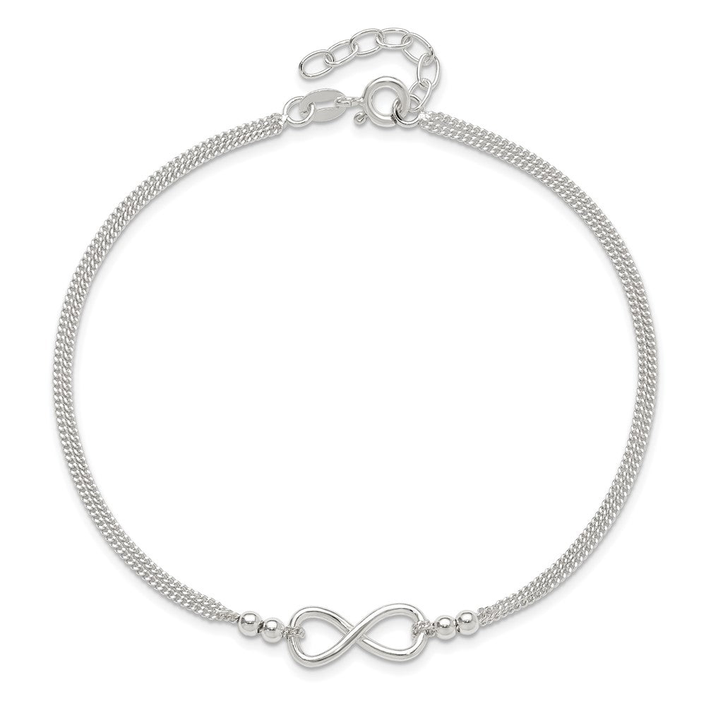 Sterling Silver 2-Strand Beaded Infinity Symbol 9In Plus 1In Ext. Anklet