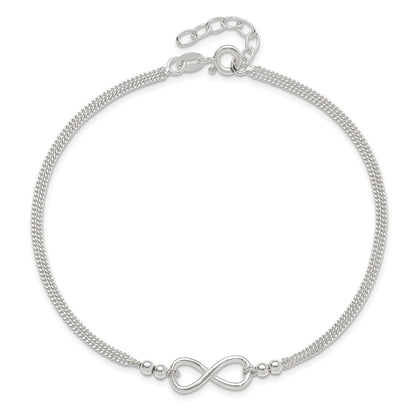 Sterling Silver 2-Strand Beaded Infinity Symbol 9In Plus 1In Ext. Anklet