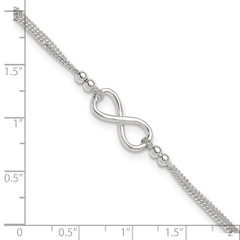 Sterling Silver 2-Strand Beaded Infinity Symbol 9In Plus 1In Ext. Anklet