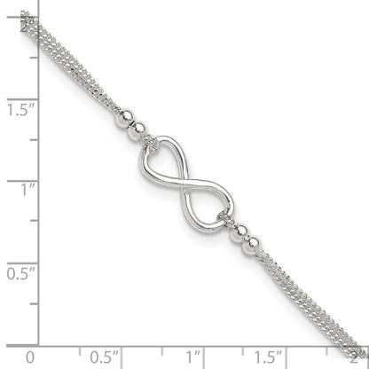 Sterling Silver 2-Strand Beaded Infinity Symbol 9In Plus 1In Ext. Anklet