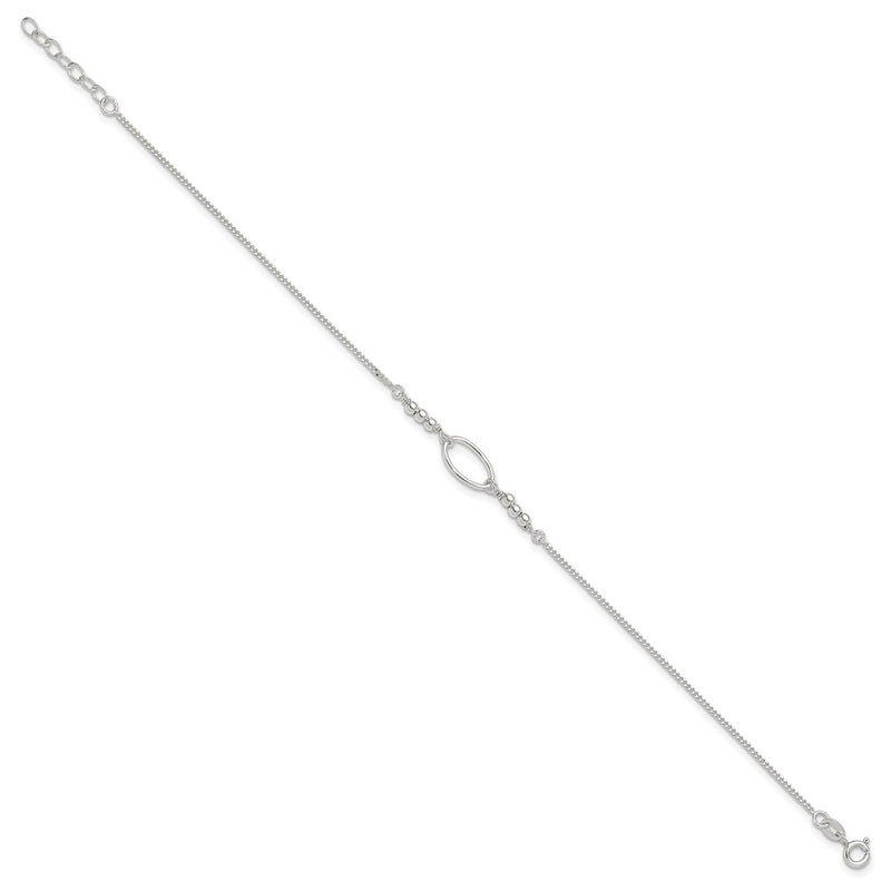 Sterling Silver Oval And Beaded 9In Plus 1In Ext. Anklet