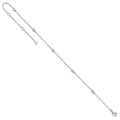 Sterling Silver Rhodium-Plated Bezel Cz 9In Plus 2In Ext. Anklet